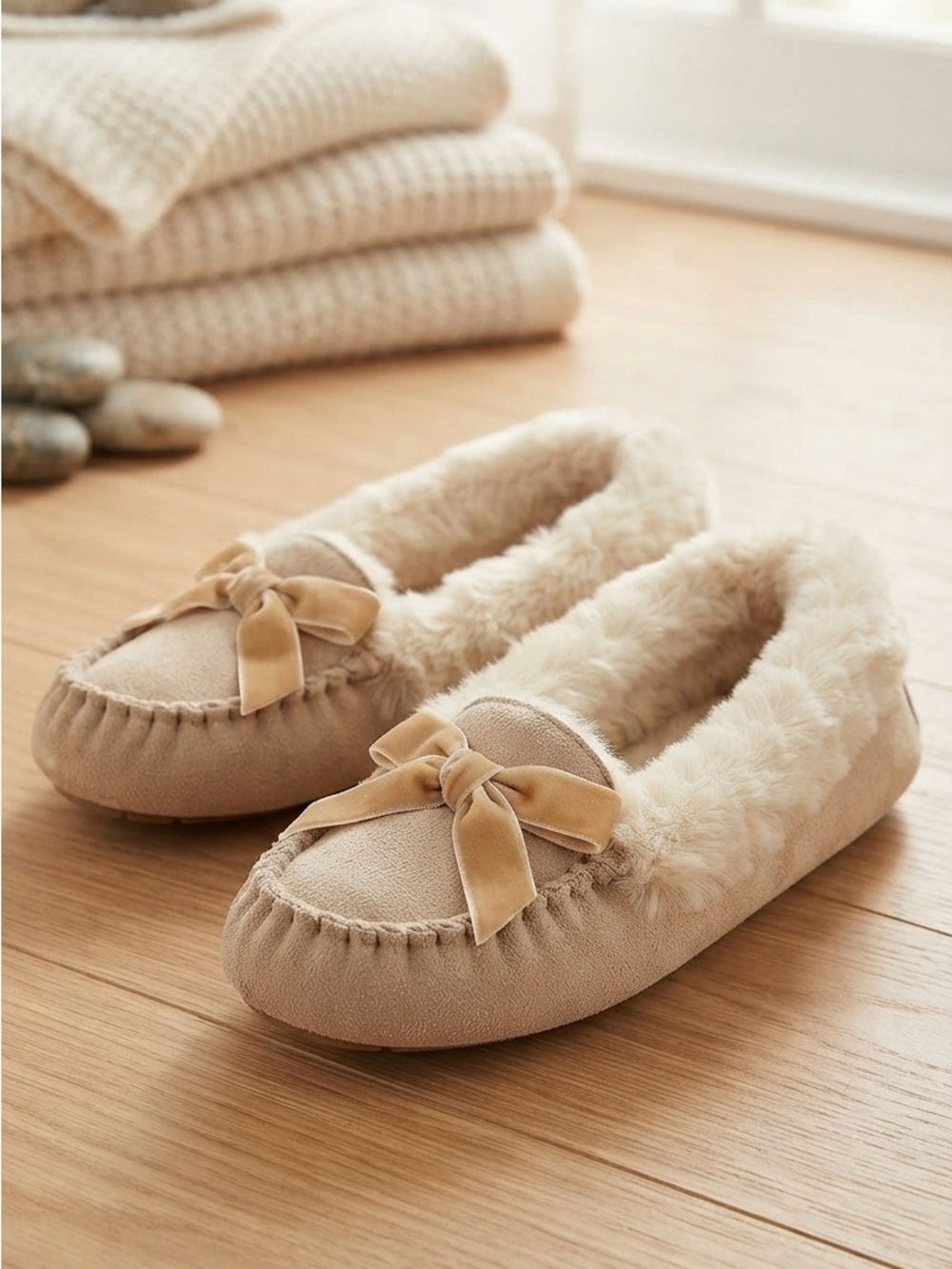 Jessica Simpson Plush Bow Moccasin Slippers - Tan